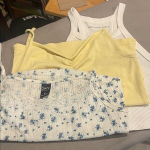 Yellow Ribbed Tank Top and Floral Lace Camisole